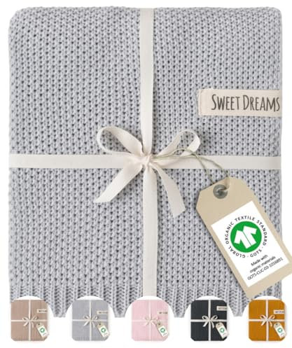 Mikos Babydecke GOTS zert. 100% Bio Baumwolle Strickdecke Baumwolldecke Warme Decke Kuscheldecke Mädchen, Jungen Baby Erstausstattung Für Neugeborene (1044) (Grau)