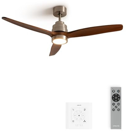CREATE / WINDSTYLANCE/Ventilador de techo con luz níquel aspas madera oscura con controlador y mando / 40W, Silencioso, Ø132 cm, 6 velocidades, temporizador, verano-invierno, doble altura