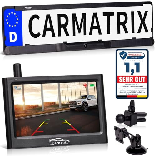 CARMATRIX Funk Solar Auto Rückfahrkamera solarbetrieben im Nummernschild mit 4,3 Zoll Monitor Rückfahrsystem Solarpanel im Kennzeichenhalter kabellos Digital zum Nachrüsten ohne Bohren (Solar 1)