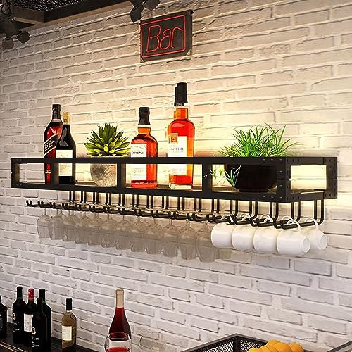 Mensole Vino Da Muro Stile Ferro, Design A Doppio Gancio, 60cm-150cm, Scaffale Di Esposizione Di Stoccaggio Del Vino, Porta Bicchieri Da Vino Per La Casa, Bar, Lunga Durata Di Vita ( Color : Black , S