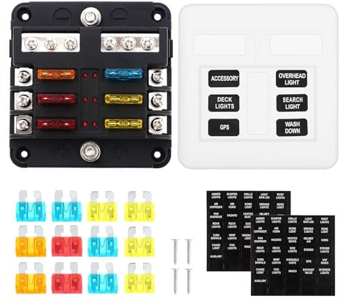 WiMas Fuse Box Holder with LED Warning Light Indicator - 6 Way Fuse Box for Car, Boat, Marine, RV, Truck (12-24V DC Circuits)