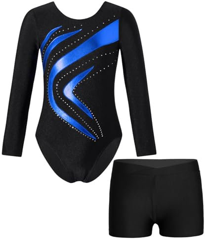 Alvivi Kinder Mädchen Turnanzug Gymnastikanzug Langarm Ballettanzug mit Shorts Tanzbody Ballett Trikot Leotard Wettbewerb Tanzkostüm Royal Blau 146-152