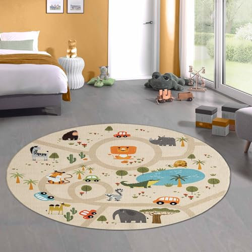 CARPETIA Kinderzimmer Teppich Kinderteppich Spielteppich waschbar rutschfest Safari/Dschungel beige 160 cm rund