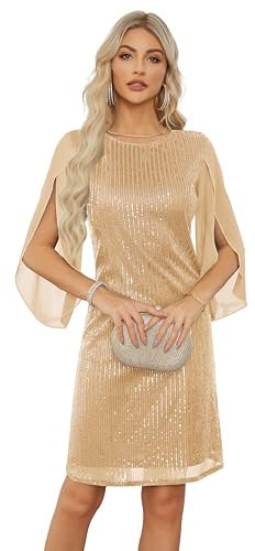 GRACE KARIN Damen Club Glitzer Kleid Vintage MidiKleid Pailletten Kleid 3/4 Chiffon Ärmel Party Cocktailkleid Festlich Hochzeit Abendkleid XXL Rose Gold DECL0525-01