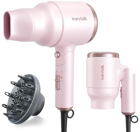 Wavytalk - Secador de pelo con difusor, mini secador de pelo con mango plegable, 1600 W silencioso y ligero con accesorio difusor, diseño compacto, color blanco rosado