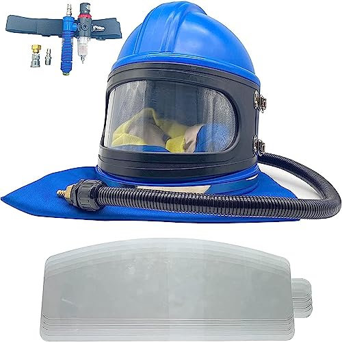 Casco per sabbiatura Casco sicuro per sabbiatura ad aria compressa con cappuccio protettivo per sabbiatura per spalla Dotato di termostato per sabbiatrice 10 PCS lenti esterne