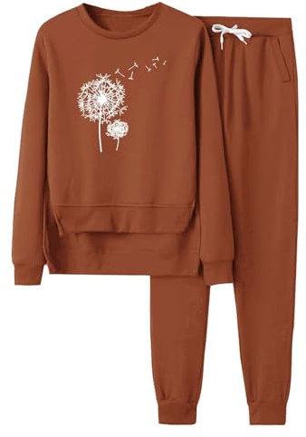 Damen 2-Teilig Warm Outdoor Hohe Taille Jogginganzug Rundhals Fleece Gefütterter Freizeitanzug Mit Tunnelzug Bedruck Hausanzug Lockere Einfarbig Oberteil In Übergröße Langes Ärmeln (Brown, XXL)