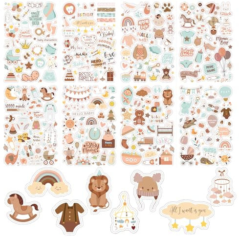 Goiern 4 Stück 212 Stickers Babyalbum,Aufkleber für Kinder und Baby Fotoalben, 8 Bögen DIN-A4 DIY Scrapbooking Aufkleber zum Gestalten, Baby-Scrapbook-Aufkleber(Braun)