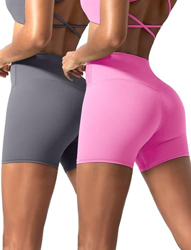 VOENXE Radlerhose Damen Kurze High Waist, Blickdicht Kurze Hose Leggings für Yoga, Nahtlose Shorts Gym Sporthose Anti Scheuern Bauchweg, Frauen Elastisch Unterhosen Fitness Sommer, 2er Pack