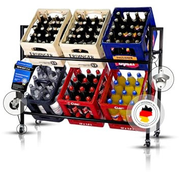 VENDORIA MAX [Das Originale Getränkekistenregal auf Rollen] – Schwarz aus Metall Kistenhalter für 6 Kisten Kistenständer Bierkastenständer mit Flaschenöffner Moderner Kastenständer Kastenhalter Schmal