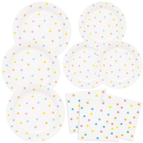 HNH Set di Piatti, Tovaglioli, Piatti da dessert di carta 48 pezzi Bianco con Pois multicolore Piatti da cena 23 cm Tovaglioli di carta usa e getta per feste