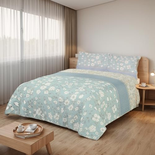 Etrexonline Colcha Bouti Reversible Estampada 100% Microfibra Extra Suave Colcha Cubre Cama Multiusos para Primavera y Verano Incluye 2 Fundas de Cojín, Cama 120/135-230x260cm - Flor Turquesa