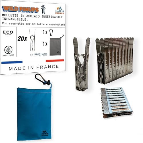 Wild PinUps: 20 Unzerbrechliche Edelstahl Wäscheklammern Pincinox mit Wäscheklammerbeutel und Karabiner. Für Waschküche, Wäscheleine, Wäschespinne. Robuste und langlebige Wäscheklammern Made in France