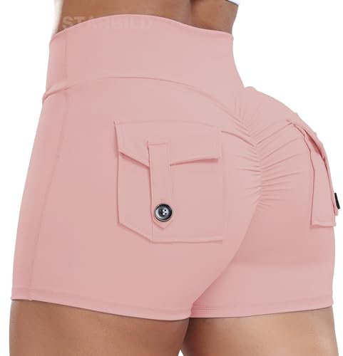 STARBILD Cargo Shorts de Sport Femme Scrunch Butt, Leggings Court Taille Haute Push Up avec Poches pour Gym Fitness Yoga, Cargo - Rose Clair S