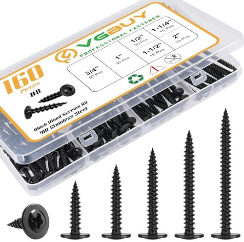 VGBUY 160Pcs #8 Wood Screws Phillips Modified Truss Head Assortment Kit Stainless Steel 410 Quick Metal Self Tapping Screws,Black Zinc Plated