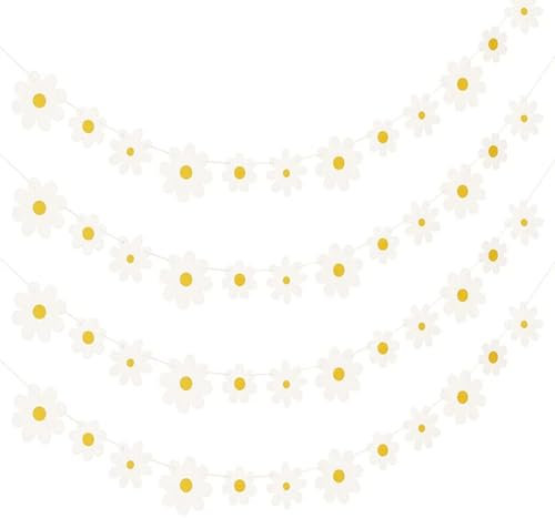 Cosmeria 4 Stück Gänseblümchen Deko, 5m Boho Blumen Girlande, Weiße Papier Girlande für Kindergeburtstag, Sommerparty, Mädchenzimmer, Boho Party Deko