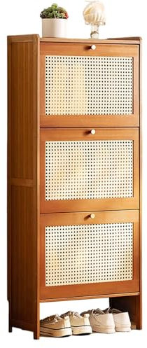 Rattan-Schrank Schuhkipper mit 3 Klappen Schuhschrank, Schmal Schuhregal Schmaler Schuhregal-Organizer Freistehender aus Holz für Eingangsbereich, Flur, Schlafzimmer(Color:A,Size:50X22.5X120CM)