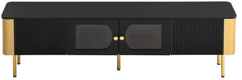 Azkoeesy Mueble de TV de 170 cm, puertas de cristal y 2 cajones con diseño de rayas, asas doradas y patas para TV Max de 75 pulgadas, color negro