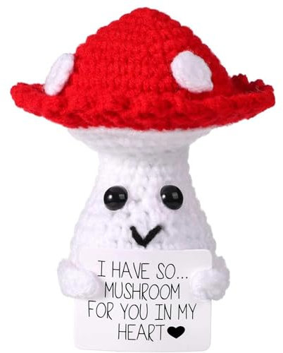1 x lustiger positiver Pilz, 10 cm, kreativ, niedlich, emotionale Unterstützung, gestrickte Wollkartoffelpuppe mit inspirierender Karte, Pilz, Häkeln, Glücksgeschenk für Plüsch, Geburtstagsgeschenk,