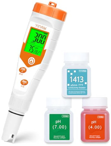 Hydroponic pH Conductivity Tester, Simultaneous EC Meter with EC Calibration Solution for Plant Nutrient, Continuously Monitor pH, PPM, EC, Temp Levels of Reservoir Tank Water DWC Aeroponic Garden