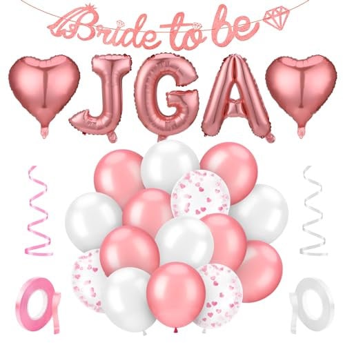 24 Stück Bride to Be Deko, Roségold JGA Frauen Accessoires mit JGA Deko Ballons, Bride to Be Papierschlangen, Konfetti Luftballons, JGA Girlande für Junggesellenabschied Brautparty und Hochzeitsfoto