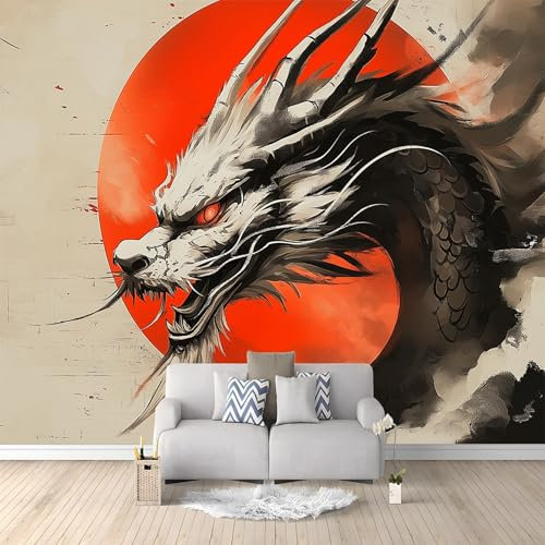 Vlies Tapeten 400 x 280 cm moderne Fototapete Orientalisch Drachen Mit Tuschemalerei wandbild Tapete Grau Art Fototapete Deko für Mädchen und Jungen Schlafzimmer Wohnzimmer Kinderzimmer Wand