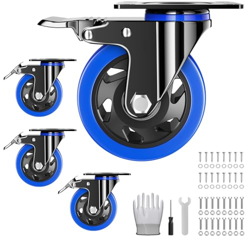 4 Inch Caster Wheels, Casters Set of 4 Heavy Duty, Locking Swivel Castors with Brake, Industrial Top Plate Casters for Workbench, Furniture, Cart(Free Hardware Kits)