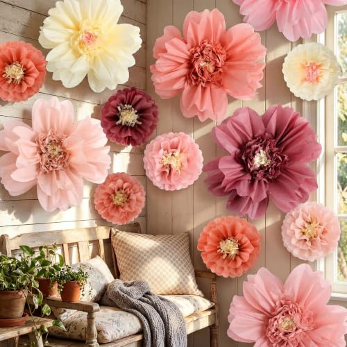 TaoBary Große bunte Seidenpapierblumen, riesige Fiesta-Papier-Pompons, Klassenzimmer, Wanddekoration, mexikanische Geburtstagsparty-Dekorationen, Hochzeitshintergrund (50,8 cm und 25,4 cm, Roségold