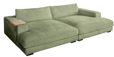 KAWOLA Big Sofa Madeline - Megasofa Couch in Olivgrün mit Naturholztablett für Armlehne, XXL Lounge Sofa