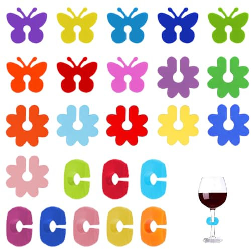 AOEVUIR 24 Pcs Glasmarkierer Silikon Wein Marker für Weingläser Tassen und Trinkgläser