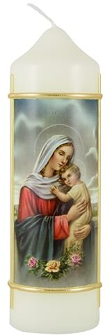 LivuX Marienkerze „Madonna mit Kind“ Eierschale 16,5 cm x 5 cm – Stumpenkerze Paraffinwachs, ca. 40 Std. Brenndauer – Symbol mütterliche Liebe, Schutz, ideal für Andacht & spirituelle Geschenke 1059