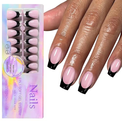 Elegant Lot de 150 faux ongles courts en acrylique avec pointe française Noir 15 tailles pour femme