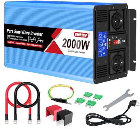 BENNTOP Convertisseur de Tension Sinusoïdal Pur Onduleur 2000W/4000W DC 12V vers AC 230V avec 2 Prises AC, 1 Port USB, Affichage LCD, Courant de Charge 30A,pour Voiture et Camping Automobile