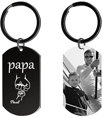 Cadeau Papa Porte-Clés Fete des Peres Personnalisés Photo, Idee Cadeaux Fête des Pères Original Porte Clef Personnalisable Nom Gravure Avec Motif Poing, Cadeaux Anniversaire Papa, Homme