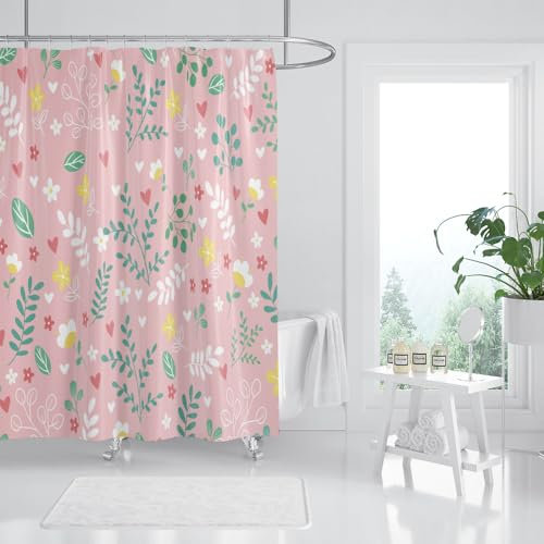 Rideau Douche Feuilles Vertes Roses Rideau de Douche Anti Moisissure Imperméable Tissu Polyester Lavable pour Salle de Bain Baignoire Hôtel avec 12 Crochets en C(180x220cm)
