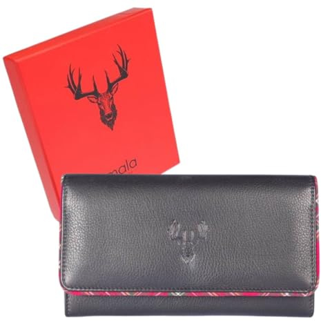 Braemar Stag Flap Over Matinee Purse by Mala Leather – RFID Protected – Soft Genuine Leather, Gift-Boxed,Tartan Trim & Country-Inspired Design – Navy or Black – 19 × 10 × 2.5 cm (Black)