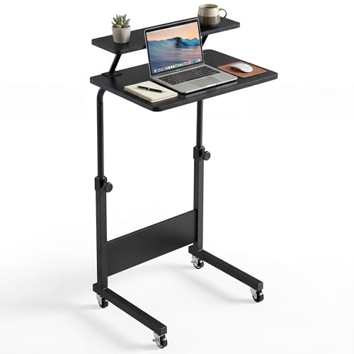 YITAHOME Beistelltisch Höhenverstellbar mit Rollen, Mobilfunk Laptoptisch, Tragbarer Home Office Schreibtisch mit Aufbewahrungsregal für Schlafzimmer, Stehpult Beistelltisch Rollen, Schwarz