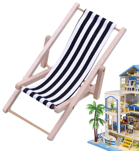 Miniatur Stuhl, Hölzerner Mini Deko Liegestuhl | Puppenliegestuhl | Strandstuhl | Handyhalter | Miniliegestuhl | Klappstuhl Stoffsitz Für Zuhause, Schreibtisch