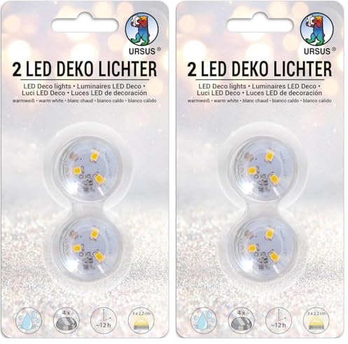 Ursus 18600000 - LED Deko Lichter, 2 Stück, Leuchtdauer ca. 12 Stunden, warmweißes Licht, wasserdicht, inklusive Batterien und Klebepads, ideal als Dekolicht, für Laternen und als Ersatz für Kerzen