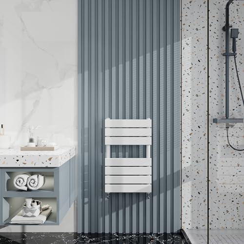 Heated Towel Rail Radiator: Wall Mounted Bathroom Heater with Central Heating, Modern Flat Ladder Panel 650×400mm White