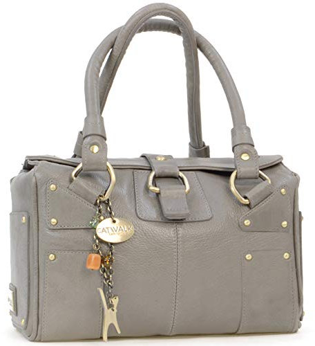 Catwalk Collection Handbags - Damen Leder Henkeltasche - Handtasche Mittelgroß mit Viele Fächer - CLAUDIA - Grau