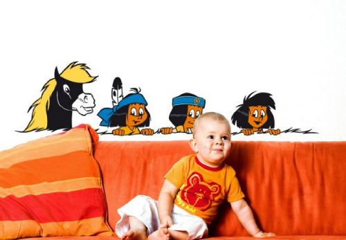 K&L Wall Art Indianer Wandtattoo Yakari und Seine Freunde Klebebilder Kinderzimmer Deko Pferde Häuptling Feder Größe 110x27cm