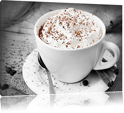 Pixxprint Kaffee mit Sahne und Schokostreuseln B&W, Größe: 60x40cm, Leinwandbild, fertig gespannt, Wandbild, Dekoration, Kunstdruck, kein Poster