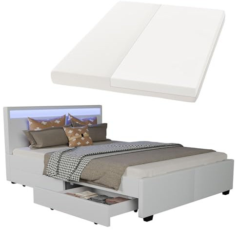Juskys Polsterbett Lyon 140x200 cm mit Matratze, Bettkasten, LED Beleuchtung, Lattenrost & Kopfteil, weiß, Bett Bettgestell Jugendbett Einzelbett