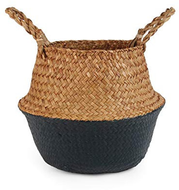 BlueMake Cesta tejida de hierba marina para almacenamiento, lavandería, picnic, cubierta de macetas, almacenamiento de comestibles y juguetes (negro, pequeño)