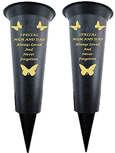 Set of 2 Special Mum & Dad Memorial Graveside Spiked Flower Vase with Gold Lettering Butterfly Decoration Durable Plastic, Weatherproof and Frostproof, Ideal for Fresh or Dried / Artificial Flowers