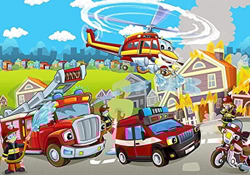 Forwall Fototapete Feuerwehrfahrzeug Polizei Auto Feuerwehr Hubschrauber Jugendzimmer Kinderzimmer Jungs Vlies Tapete Wandtapete UV-Beständig Montagefertig (12549, V8 (368x254 cm) 4 Bahnen)