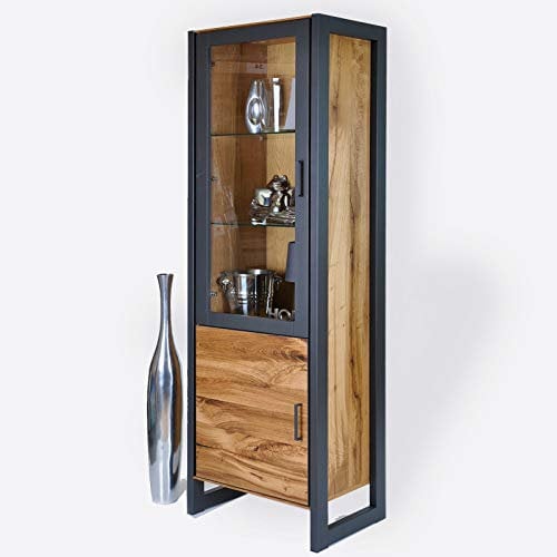DK-Wohnen Vitrine Standvitrine Alteiche Furniert Metall Graphitgrau B57,5xH198,5xT40cm ELFO Janne 2271
