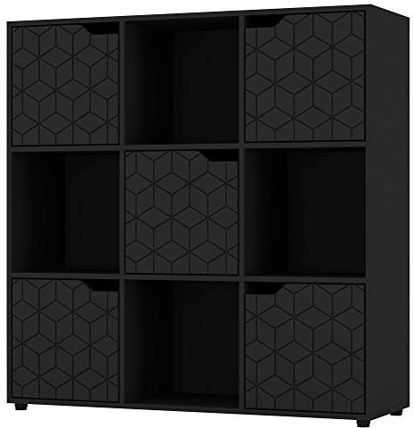 URBNLIVING Black Wooden Cube Bookcase Geo Geometric Door Display Shelf Storage Shelving Cupboard (Black Door, 3x3 Cube (9 Cube))