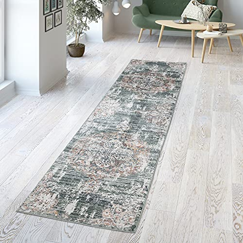 TT Home Wohnzimmer Teppich Kurzflor Wohnzimmerteppich Marokkanisch Vintage Bordüre, Farbe: Grün, Größe:80x150 cm